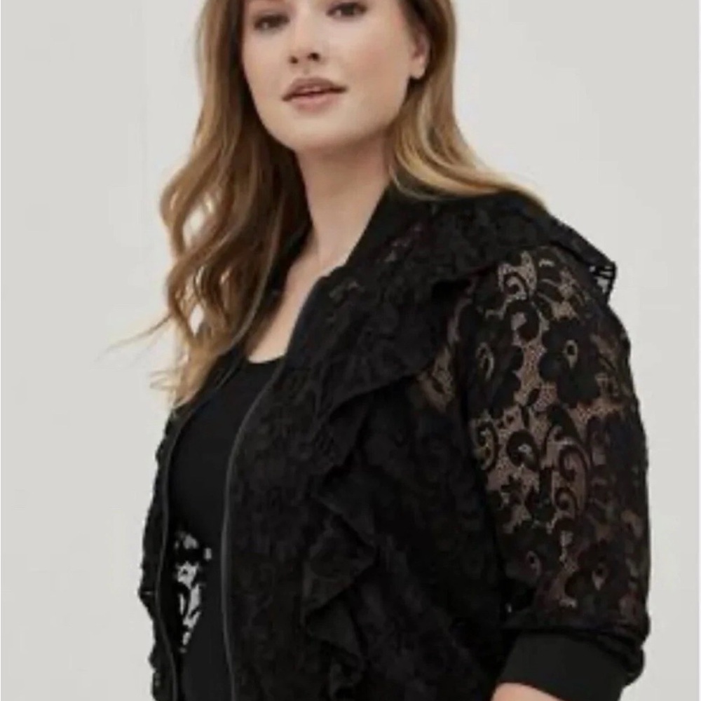 TORRID-Size 00 (M/L)-Black Lace Ruffle Bomber Jacket Whimsigoth Sheer Goth Zip